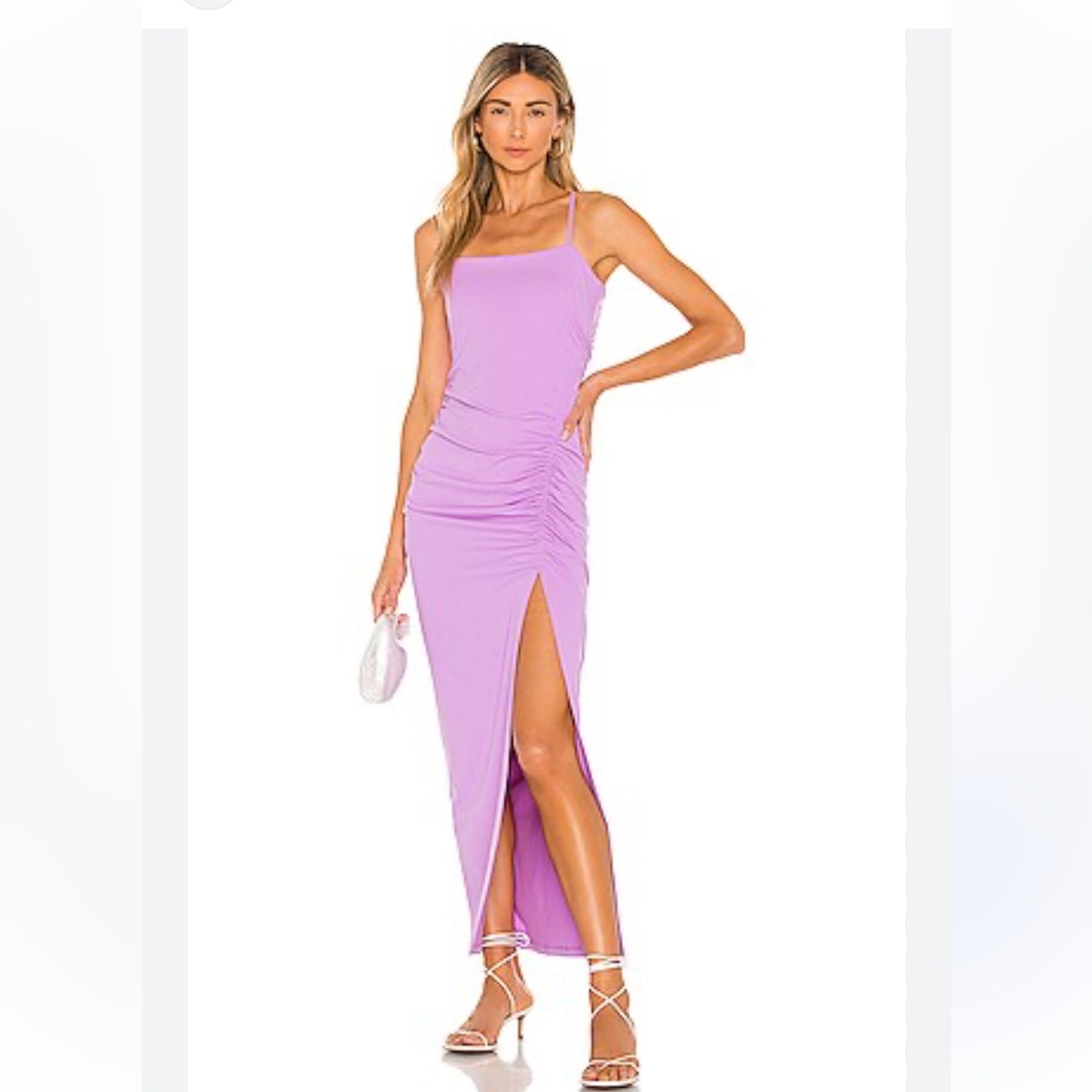 Revolve Ruched Slit Maxi Dress In Violet